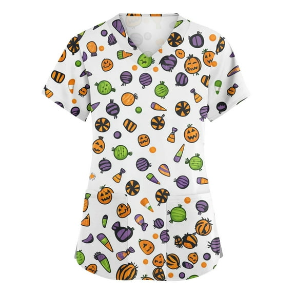 HAJWOH Womens Halloween Scrubs Short Sleeve Nursing Uniforms Funny Pumpkin Bat Spider Print Medical Scrub Fashion V Neck Scurbs White XXL