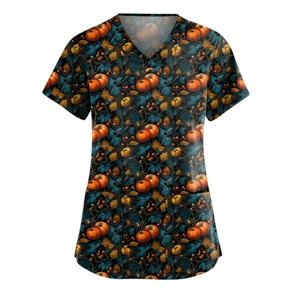 HAJWOH Womens Halloween Scrubs Short Sleeve Nursing Uniforms Novelty Pumpkin Bat Ghost Spider Witch Print Medical Scrub Fashion V-Neck Scurb Tops Dark Blue L