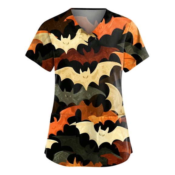 HAJWOH Womens Halloween Scrubs Short Sleeve Nursing Uniforms Novelty Pumpkin Bat Ghost Spider Witch Print Medical Scrub Shirts Comfort Vneck Scurb Tops Gold L