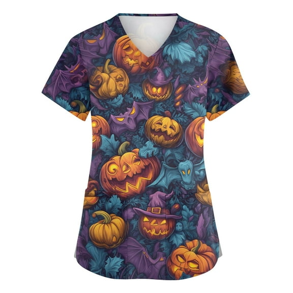 HAJWOH Womens Halloween Scrubs Short Sleeve Nursing Uniforms Novelty Pumpkin Bat Ghost Spider Witch Print Medical Scrub Stretchy V Neck Scurbs Earthy Yellow S
