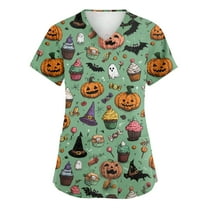 HAJWOH Womens Halloween Scrubs Short Sleeve Nursing Uniforms Novelty Pumpkin Bat Spider Print Medical Scrub Casual V Neck Scurbs Mint Green XXXL