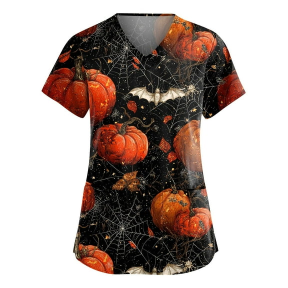 HAJWOH Womens Halloween Scrubs Short Sleeve Nursing Uniforms Novelty Pumpkin Bat Spider Print Medical Scrub Shirts Fashion V-Neck Scurbs Black XL