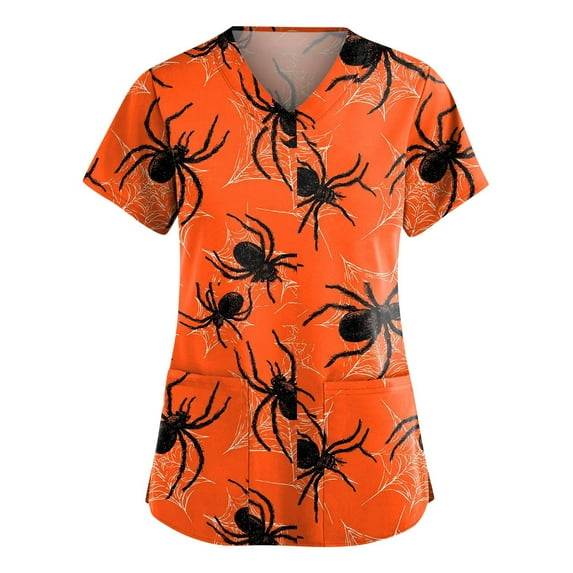 HAJWOH Womens Halloween Scrubs Short Sleeve Nursing Uniforms Novelty Pumpkin Bat Spider Print Medical Scrub Shirts Stretchy Vneck Scurb Tops Saffron L