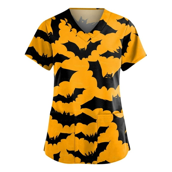 HAJWOH Womens Halloween Scrubs Short Sleeve Nursing Uniforms Novelty Pumpkin Bat Spider Print Medical Scrub Soft V Neck Scurbs Yellow XXXXXL