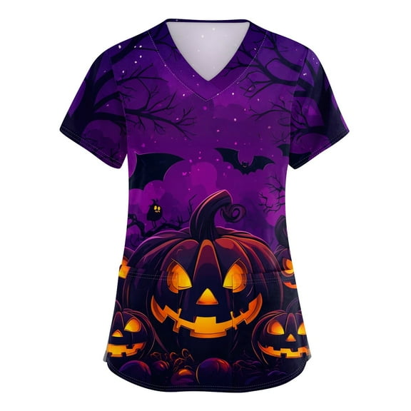 HAJWOH Womens Halloween Scrubs Short Sleeve Working Uniform Funny Pumpkin Bat Ghost Spider Witch Print Medical Scrub Shirts Trendy V-Neck Scurb Tops Purple XXXXL