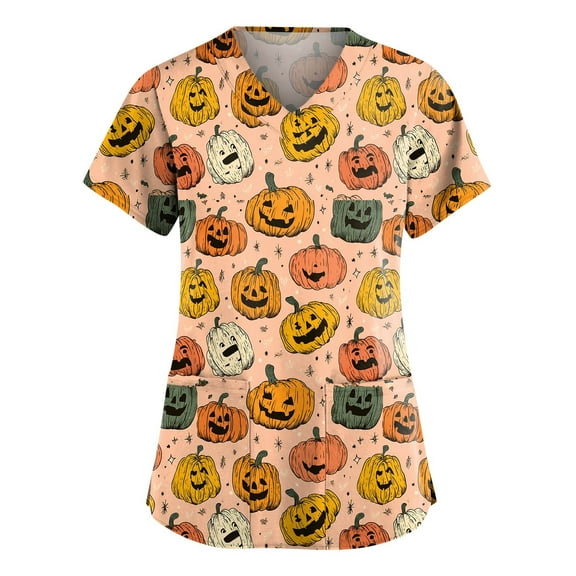 HAJWOH Womens Halloween Scrubs Short Sleeve Working Uniform Novelty Pumpkin Bat Ghost Spider Witch Print Medical Scrub Trendy Vneck Scurb Tops Pink M