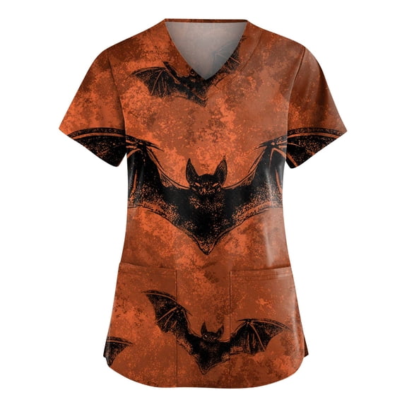 HAJWOH Womens Halloween Scrubs Short Sleeve Working Uniform Novelty Pumpkin Bat Spider Print Medical Scrub Shirts Comfort Vneck Scurb Tops Ginger S