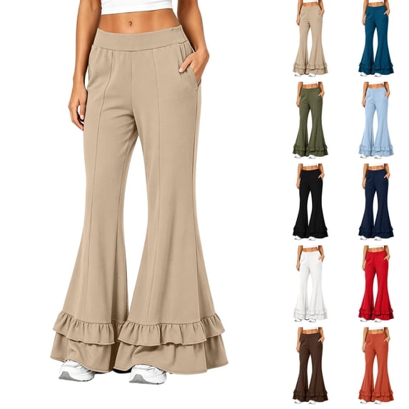 HAJWOH Womens High Waisted Bell Bottom Pants Mermaid Ruffle Flare Pants High Fashion Palazzo Pant Yoga Pants Leggings(Brown,XL)