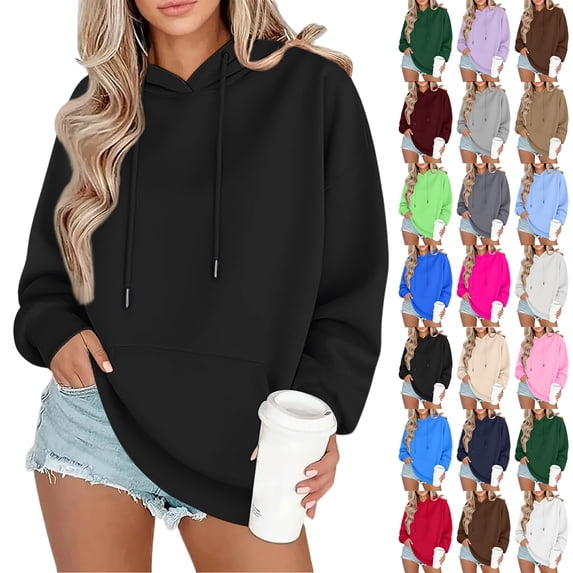 HAJWOH Womens Hoodies Casual Long Sleeve Drawstring Pullover Oversized Sweatshirt Lightweight Hooded Tops Winter Clothes