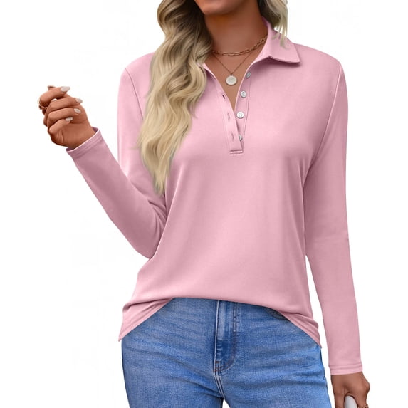 HAJWOH Womens Long Sleeve Polo Shirts Business Work Casual V Neck Collared Tops Button Down Loose Fit Tees Shirts