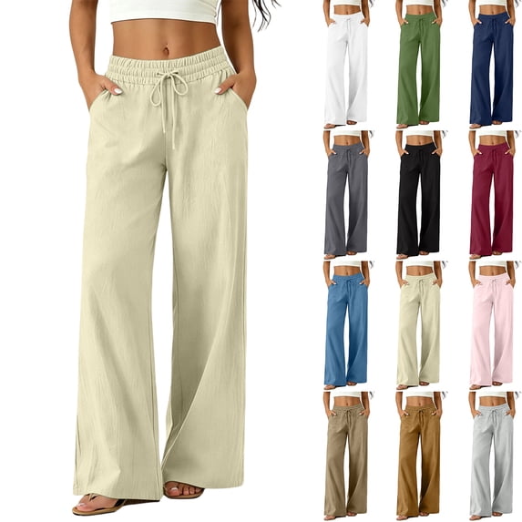 HAJWOH Womens Palazzo Pants Summer Fashion High Waisted Wide Leg Drawstring Flowy Beach Trousers with Pockets
