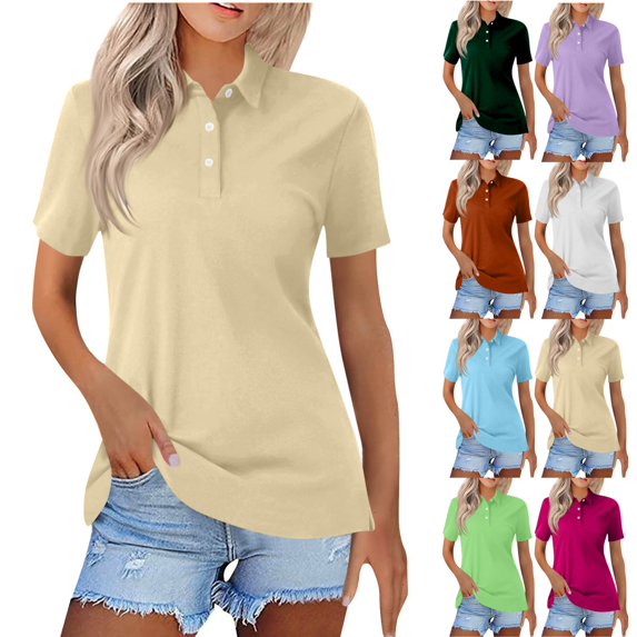HAJWOH Womens Polo Shirt Back To School Short Sleeve Collared Top Button Down Breathable Work Golf Tennis Basic Dressy Blouses