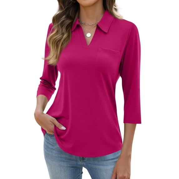 HAJWOH Womens Polo Shirts XL 3/4 Sleeve Tshirts Casual Button Tops 2026 Spring New Collared Top Workout Clothing Hot Pink XL