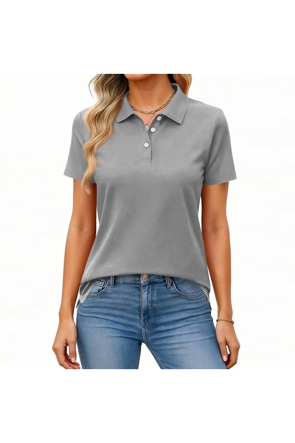 Womens Polo Uniform Shirts Short Sleeve Uniform Top Casual Button Down Tshirts 2026 Summer New with Collar Golf Polo Shirt Comfortable Blouse Gray M
