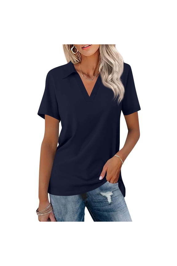 Womens Polo Uniform Shirts Work School Navy Short Sleeve Tops Casual Button Down Tshirts 2026 Summer New with Collar Polo Shirts Lightweight Clothes Navy L
