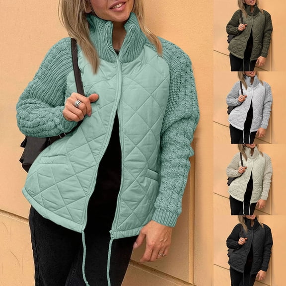 HAJWOH Womens Puffer Jacket Lightweight Knit Patchwork Zip Up Long Sleeve Quilted Jackets Warm Winter Outerwear 2026