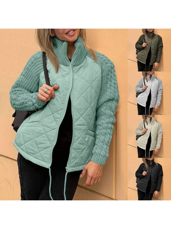 Womens Puffer Jacket Lightweight Knit Patchwork Zip Up Long Sleeve Quilted Jackets Warm Winter Outerwear 2026