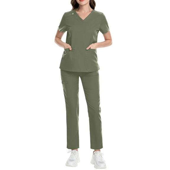 HAJWOH Womens Scrubs Sets Army Green Stretchy Nursing Uniform Short Sleeve V-Neck Scrub & Jogger Pants Solid Color Medical Scrub Sets with Multi Pocket Army Green XXL