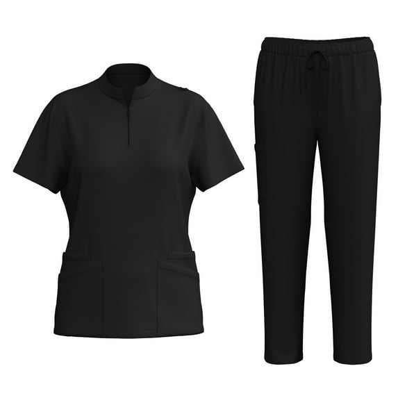HAJWOH Womens Scrubs Sets Black Stretchy Nurse Uniform Short Sleeve V-Neck Scrub Top & Pants Solid Color Medical Scrub Sets with Multi Pocket Black M