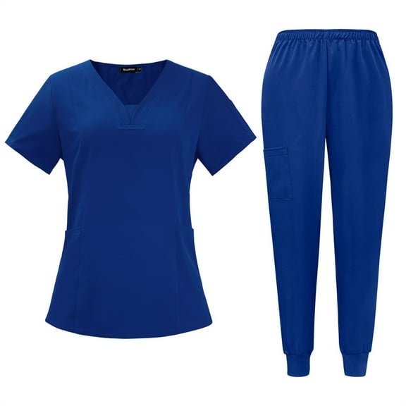 HAJWOH Womens Scrubs Sets Blue Stretchy Nurse Uniform Short Sleeve V-Neck Scrub Top & Pants Solid Color Scrub Suit with Multi Pockets Royal Blue XXL