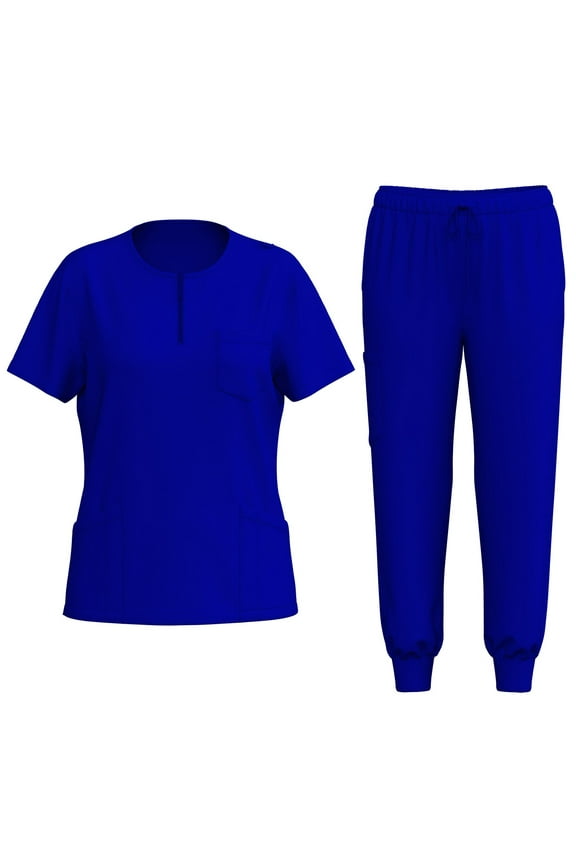 Womens Scrubs Sets Blue Stretchy Nurse Uniform Short Sleeve V-Neck Scrub & Yoga Jogger Pants Solid Color Scrubs Sets with Multi Pockets Royal Blue L