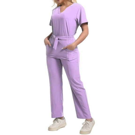 HAJWOH Womens Scrubs Sets L Stretchy Nursing Uniform Short Sleeve V-Neck Scrub & Jogger Pant Solid Color Scrubs Sets with Multi Pocket Light Purple L