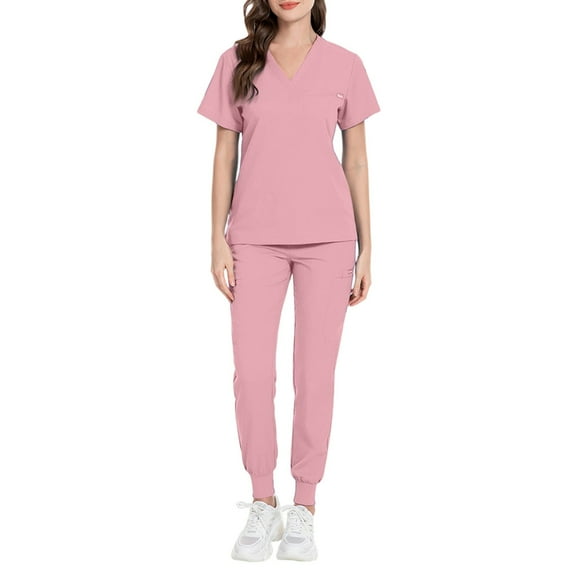 HAJWOH Womens Scrubs Sets Pink Stretchy Nurse Uniform Short Sleeve V Neck Scrub Top & Yoga Jogger Pants Solid Color Medical Scrub Sets with Multi Pockets Pink L