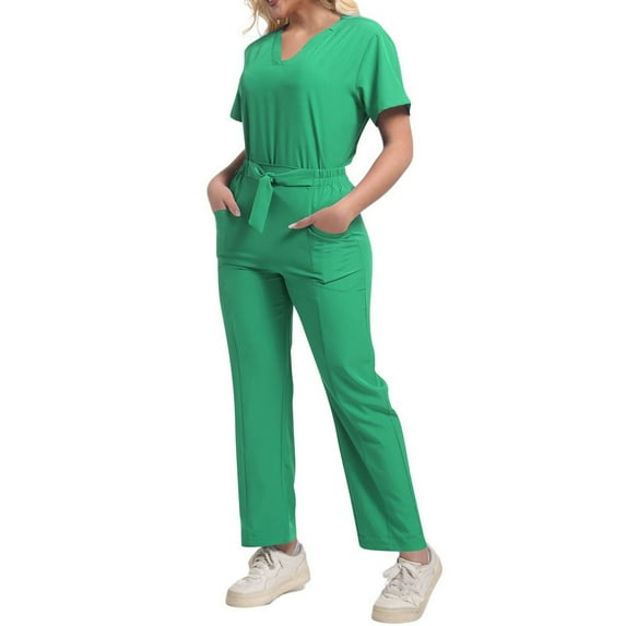 HAJWOH Womens Scrubs Sets S Stretchy Nurse Uniform Short Sleeve V-Neck Scrub Top & Yoga Jogger Pants Solid Color Medical Scrub Sets with Multi Pocket Green S