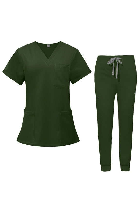Womens Scrubs Sets Size1 Stretchy Nurse Uniform Short Sleeve V-Neck Scrub Top & Jogger Pants Solid Color Medical Scrub Sets with Multi Pockets Army Green L