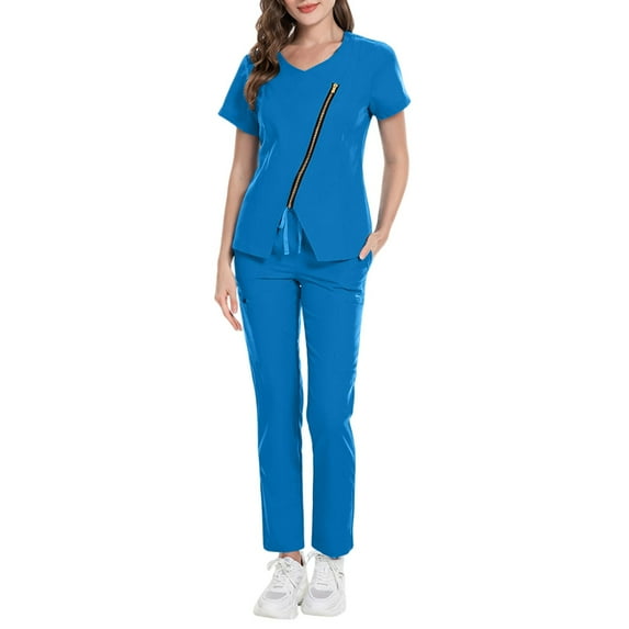 HAJWOH Womens Scrubs Sets Size1 Stretchy Nursing Uniform Short Sleeve V Neck Scrub & Pants Solid Color Scrub Suit with Multi Pockets Blue XXL