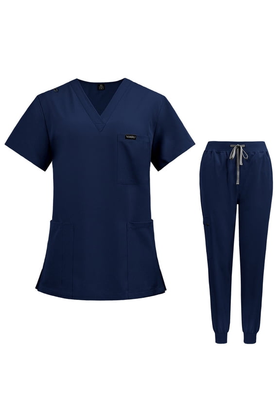 Womens Scrubs Sets Stretchy Nurse Uniform Short Sleeve V Neck Scrub & Pants Solid Color Scrub Suit with Multi Pockets Dark Blue L
