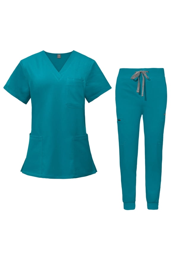Womens Scrubs Sets Stretchy Nursing Uniform Short Sleeve V-Neck Scrub & Jogger Pant Solid Color Scrub Suit with Multi Pockets Sky Blue L