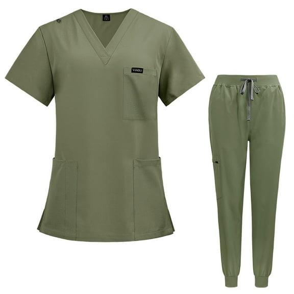 HAJWOH Womens Scrubs Sets Stretchy Nursing Uniform Short Sleeve V Neck Scrub & Jogger Pants Solid Color Scrubs Sets with Multi Pocket Light Green S