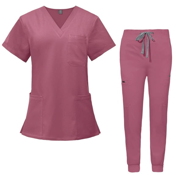 HAJWOH Womens Scrubs Sets Stretchy Nursing Uniform Short Sleeve V Neck Scrub Top & Jogger Pants Solid Color Scrub Suit with Multi Pocket Pink XL