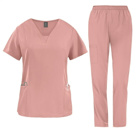 HAJWOH Womens Scrubs Sets XL Stretchy Nursing Uniform Short Sleeve V-Neck Scrub & Jogger Pant Solid Color Medical Scrub Sets with Multi Pockets Pink XL