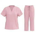thumbnail image 1 of HAJWOH Womens Scrubs Sets XL Stretchy Nursing Uniform Short Sleeve V Neck Scrub Top & Pants Solid Color Medical Scrub Sets with Multi Pockets Pink XL, 1 of 6