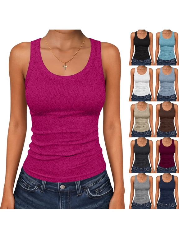 Womens Sleeveless Scoop Neck Tank Tops 2026 Summer Casual Basic Slim Fit Ribbed Knit Racerback Workout Cami Shirts