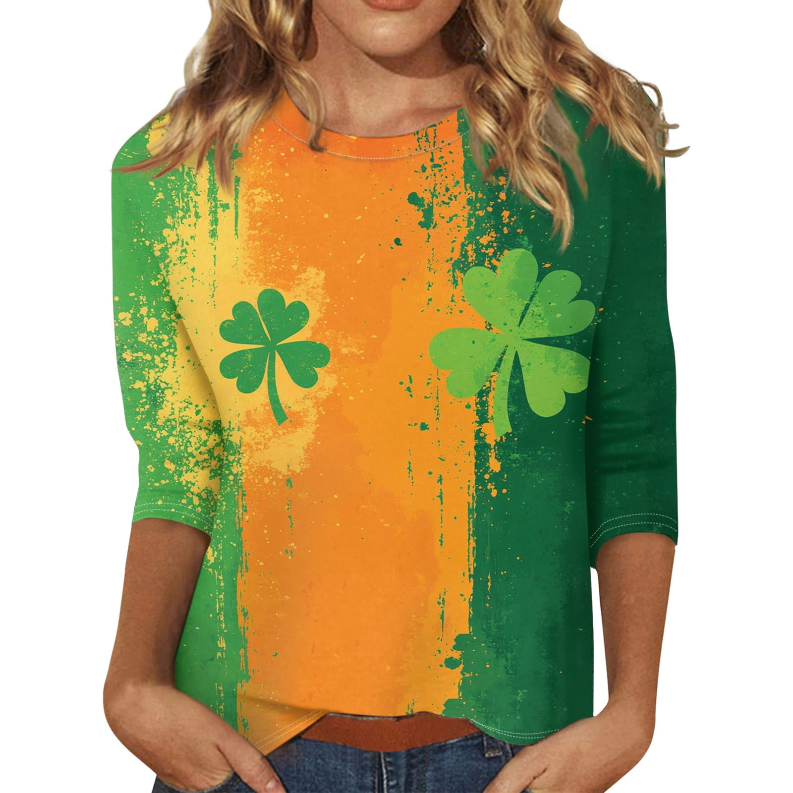 HAJWOH Womens St Patricks Day Shirt 3/4 Sleeve Irish Shamrock Graphic