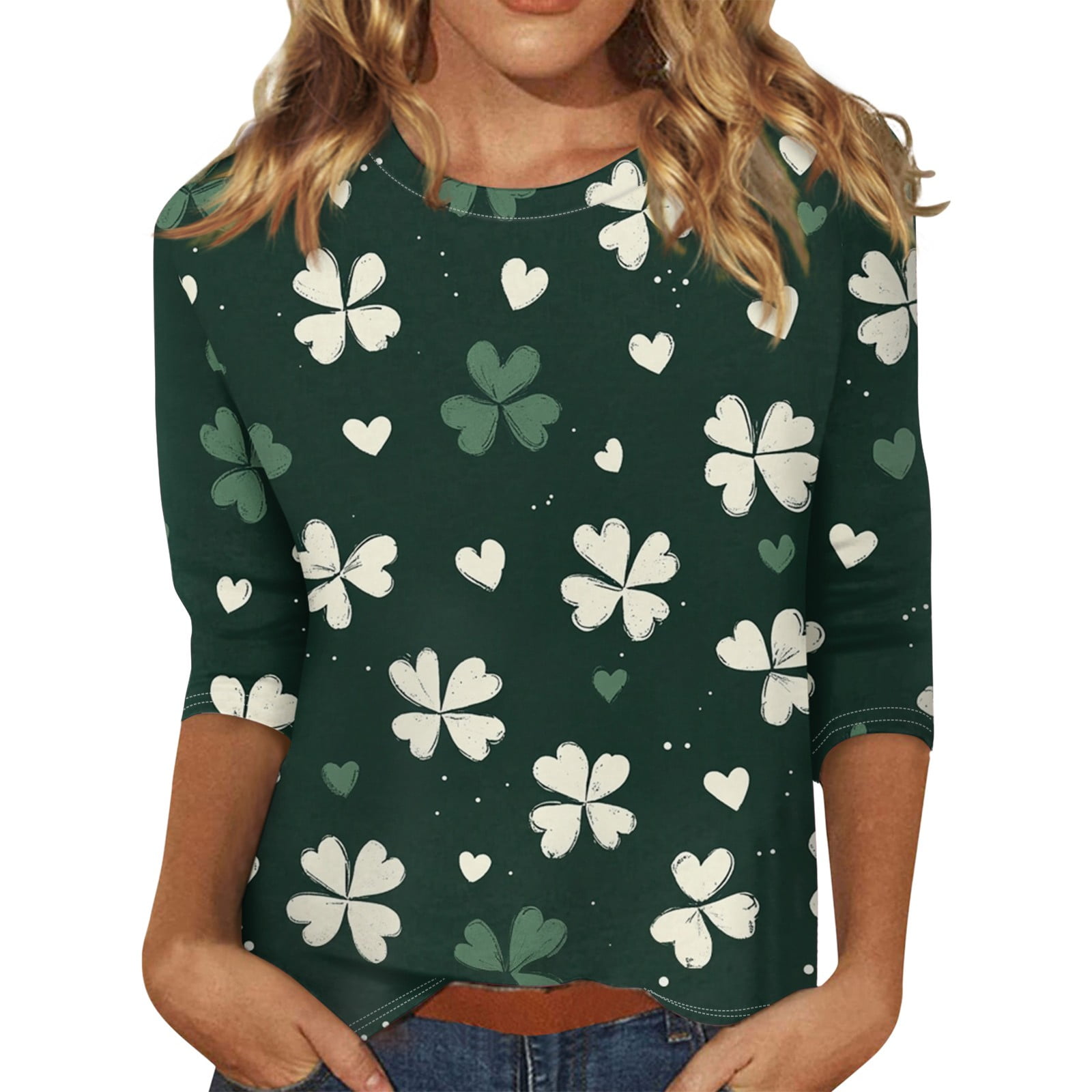 HAJWOH Womens St Patricks Day Shirt Irish Lucky Clover Print 3/4 Length