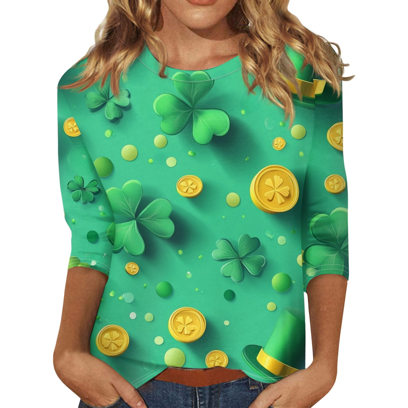 HAJWOH Womens St Patricks Day Shirt Lucky Shamrock Print 3/4 Sleeve