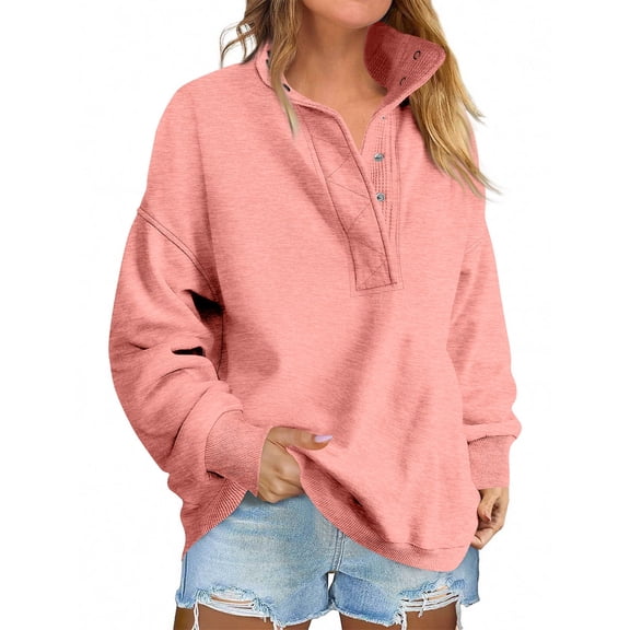 HAJWOH Womens Sweatshirts Quarter Button Henley Neck Pullover Oversized Casual Long Sleeve Sweatshirts 2025 Fall Winter Loose Clothes Pink M