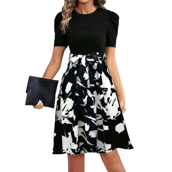 HAJWOH Womens Teacher Dresses 2025 Puff Short Sleeve Work Dresses Vestidos Elegantes Flowy Ruffle Hem Midi Dress with Belt Lightweight Crew Neck Tea Party Dresses White M