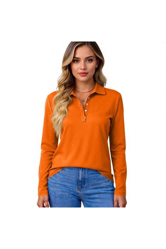 Womens Uniforms Tops for School Work Long Sleeve Uniform Top Dressy Casual Button Tennis T-Shirts 2026 Spring New Collared Polo Shirts Comfy Blouse Saffron S