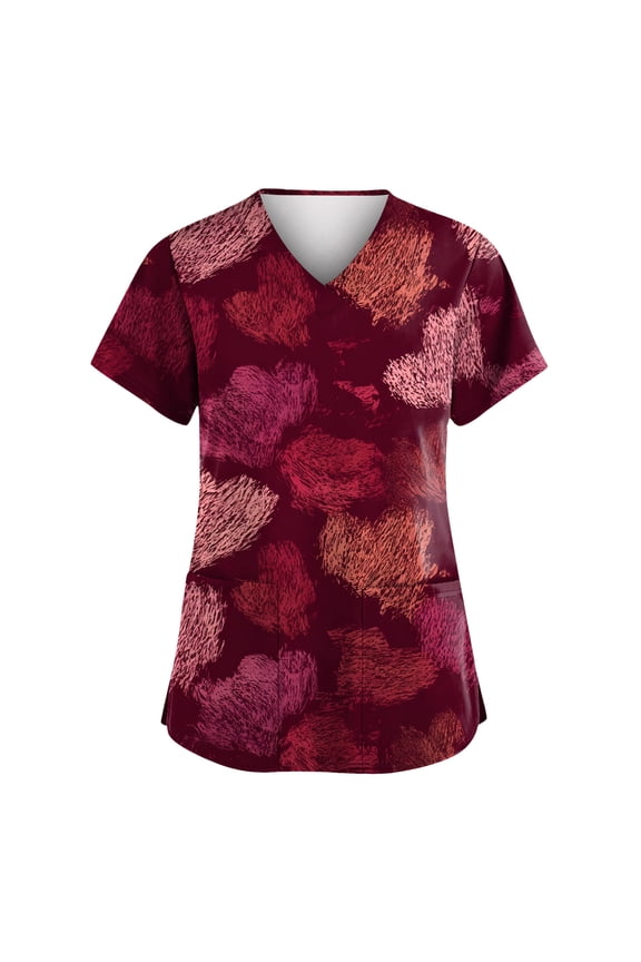 Womens Valentine's Day Scrub Tops Funny Short Sleeve Nursing Uniforms Lucky Shamrock Print V Neck Nursing Tops Causal Oversized Scrubs Wine XXXL