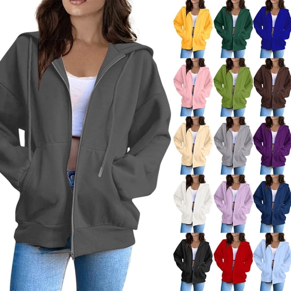 HAJWOH Womens Zip Up Hoodies Long Sleeve Oversized Sweatshirts Y2K Jacket Pockets Spring Fall Winter Outfits Fashion Clothes