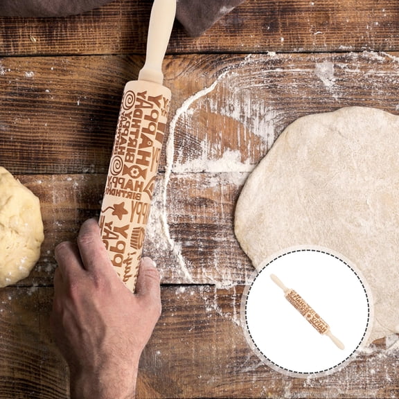 HAKIDZEL Happy Birthday Engraving Rolling Pin Pastry Making Dough Shaping 1Pcs 15in Light Yellow
