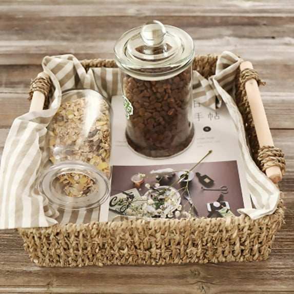 HAKIDZEL Khaki Table Basket 1Pack With Wooden Handle For Storing Cosmetics And Sundries On Desk Or Table