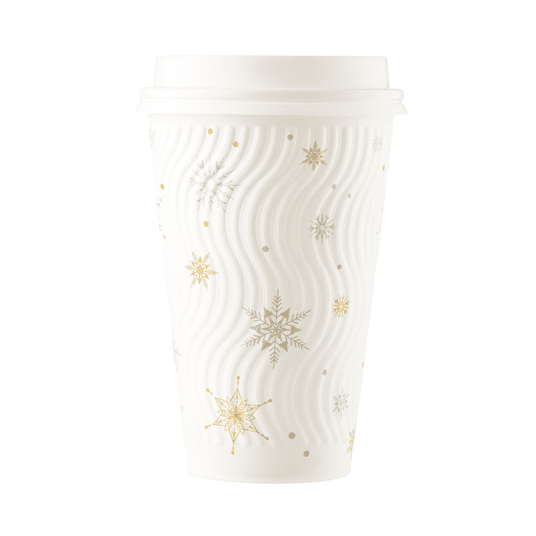 HAKOWARE 16 fl oz Disposable White Snowflake Embossed Christmas Paper  Coffee Cups with Lids [100 Sets] 