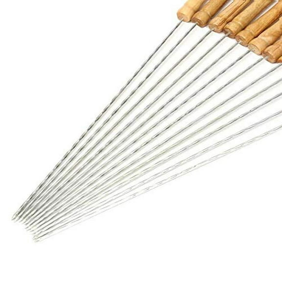 HAKSEN 12 PCS Barbecue Skewers with Wood Handle Marshmallow Roasting Sticks Meat Hot Dog Fork Best for BBQ Camping Cookware Campfire Grill Cooking, Stainless Steel,12 Inches(Including Handle