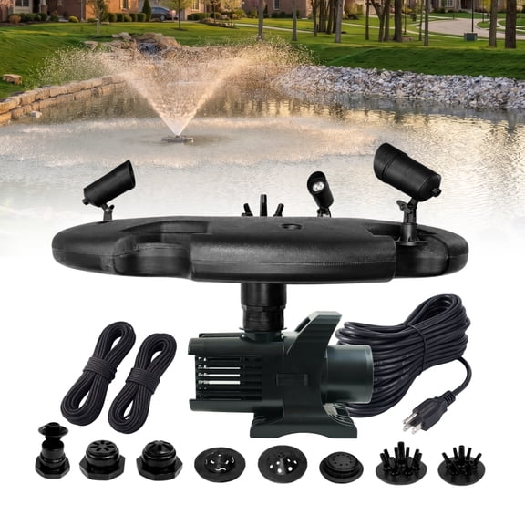 Half Off Ponds Floating Fountain, 1.5 HP, 12500 GPH, 100 ft Cord, 11 Patterns, Color Lights